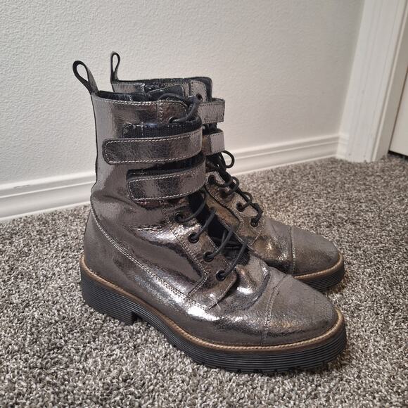 Shellys London Tyra silver leather combat boot size 38 womens 7 - Picture 1 of 7